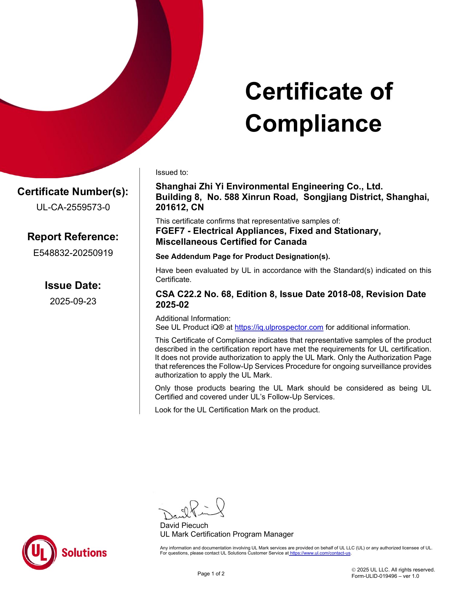 UL-CA Certificate of Compliance